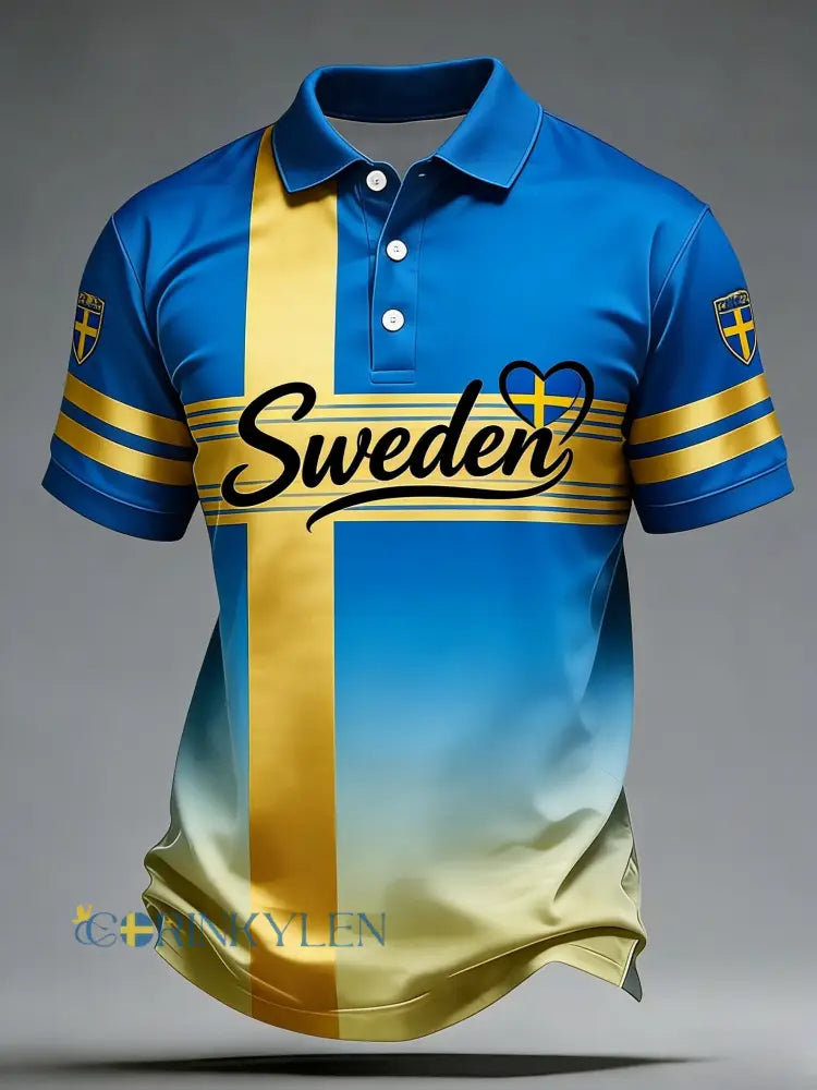 Retro svensk fotbollsflagga emblem avslappnad pikétröja med korta ärmarna - blå / S