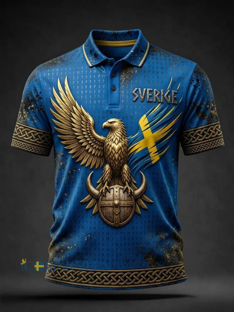 Retro svensk fotbollsflagga-märke avslappnad pikétröja - blå / S