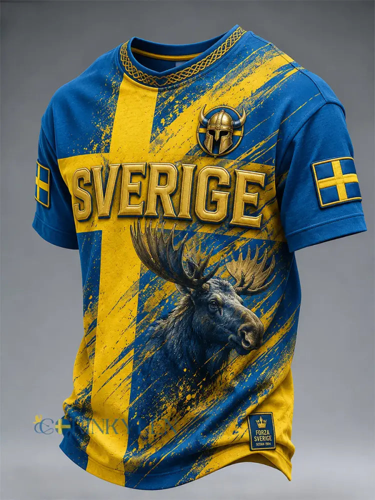 Retro svensk fotbollslandslagsflagga med emblem och t-shirt i vikingastil med korta ärmarna - A / S