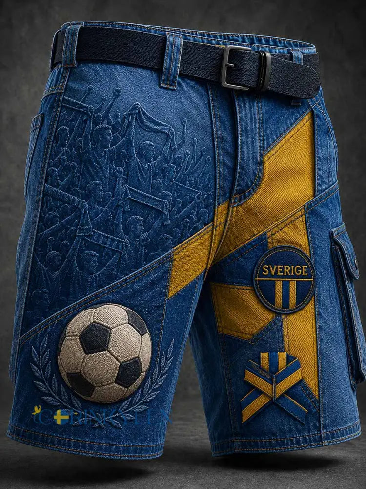 Retro svensk fotbollssupporter som hejar konsttryck avslappnad kort stil - A / M