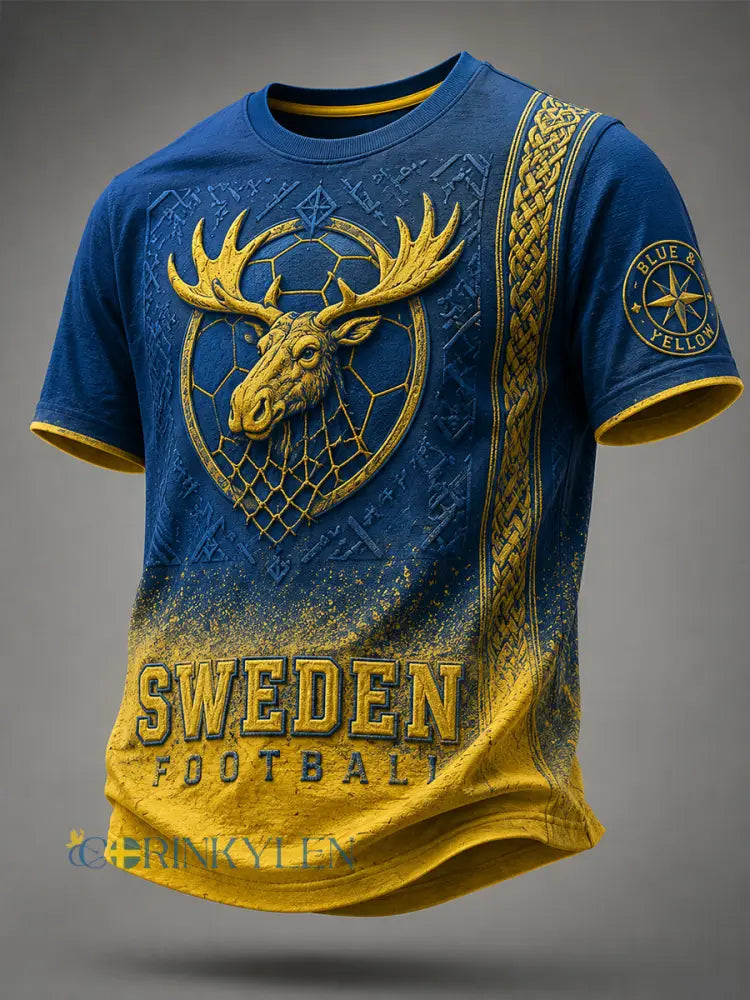 Retro svensk fotbollssupporter som hejar konsttryck avslappnad t-shirt - A / S