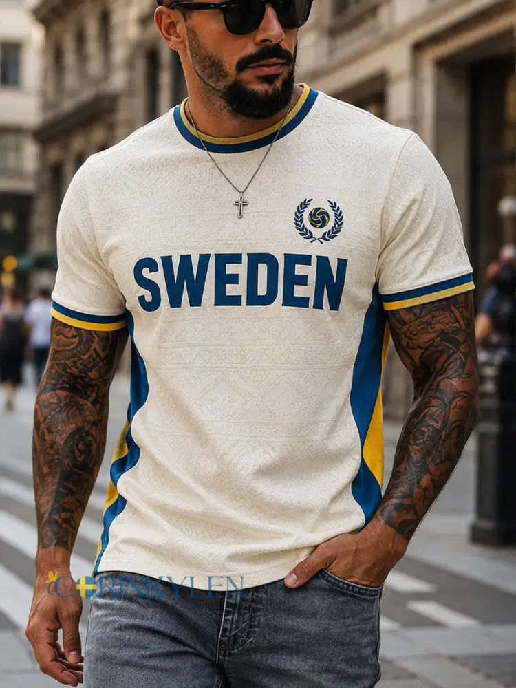 Retro svensk fotbollssupporter som hejar konsttryck avslappnad t-shirt - A / S