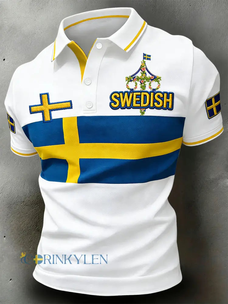 Retro svensk midsommar-patchwork avslappnad polotröja - vitt / S