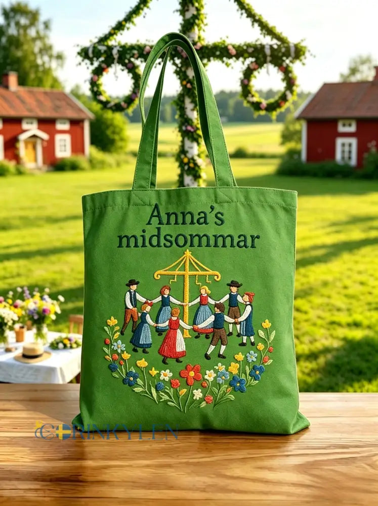 Retro svensk midsommarfolkblommig canvasväska - grönt / ONE