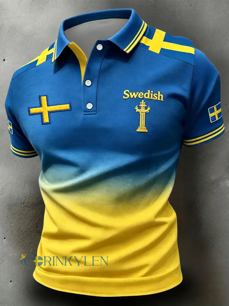 Retro svensk midsommargradient lapptäcksartikelpolotröja - blå / S