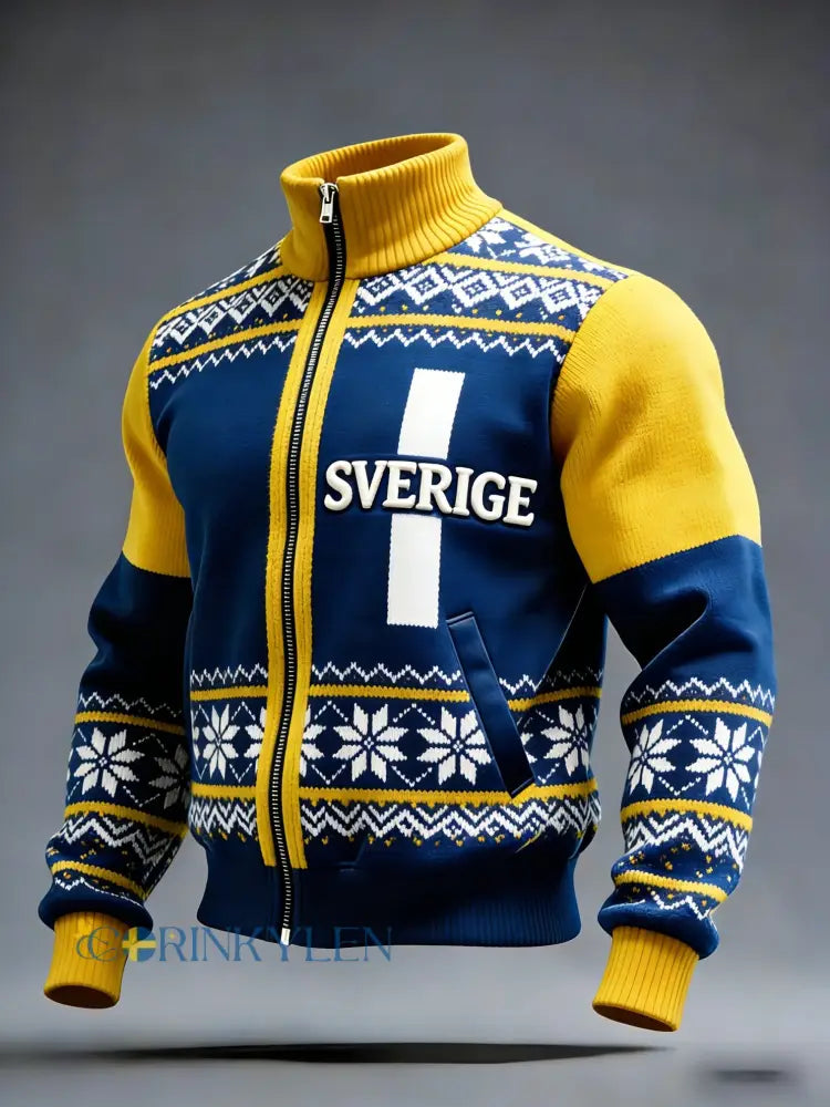 Retro viking svensk flaggmärke avslappnad sportig jacka med ståkrage - blå / S