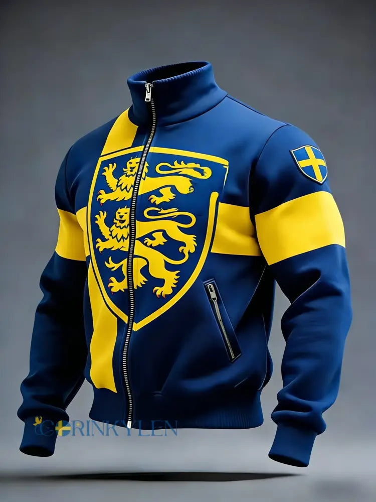 Retro viking svensk flaggmärke avslappnad sportig jacka med ståkrage - blå / S