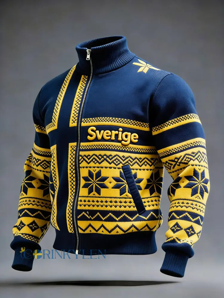 Retro viking svensk flaggmärke avslappnad sportig jacka med ståkrage - blå / S