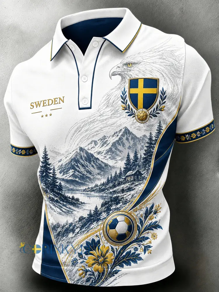 Retrodammskott för män – tryckt avslappnat polotröja med svensk fotbollskonst - A / S