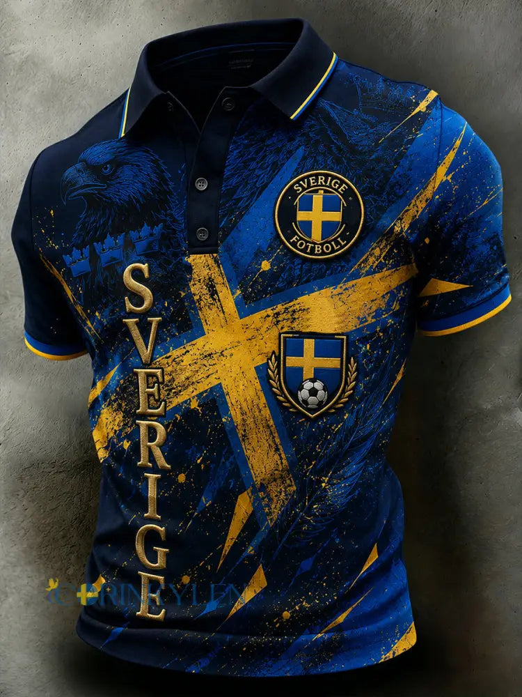 Retrodammskott för män – tryckt avslappnat polotröja med svensk fotbollskonst - A / S