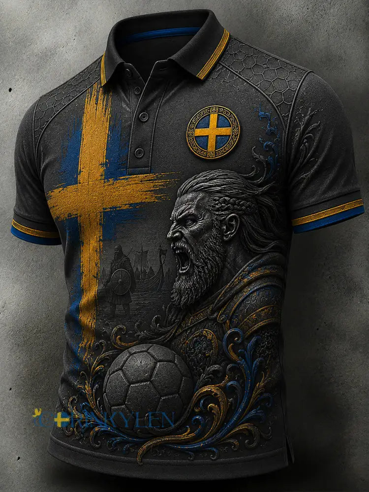 Retrodammsugare för män med svensk fotbollsskärm konsttryck avslappnad pikétröja - A / S