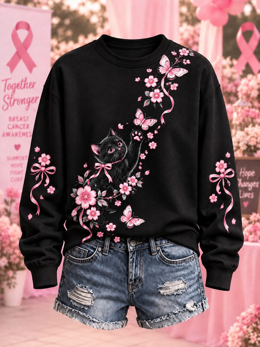 Damsvart och rosa sweatshirt med katt- och blommamönster, normal passform