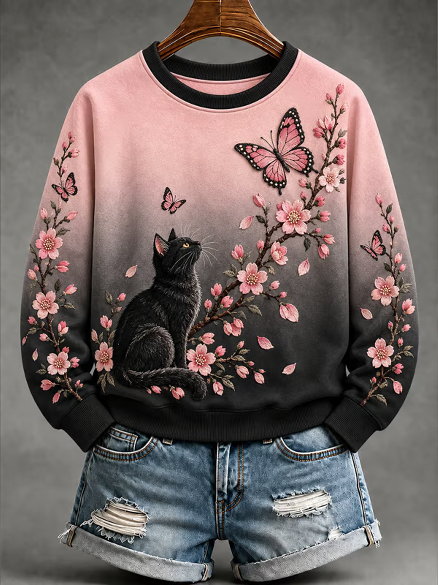 Kvinnors Svart och rosa katt och blommigt tryck Regelbunden Sweatshirt