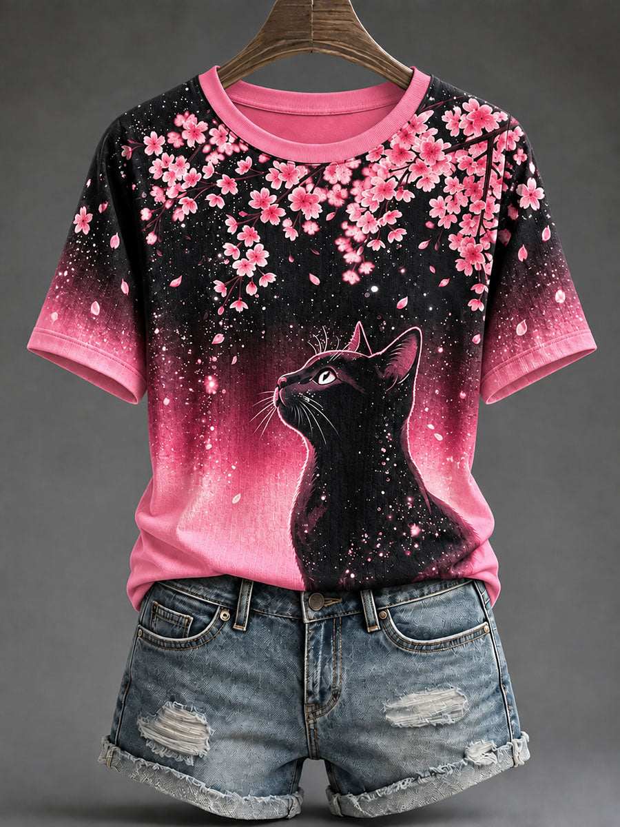 Kvinnlig t-shirt med katttryck för bröstcancermedvetande, avslappnad stil