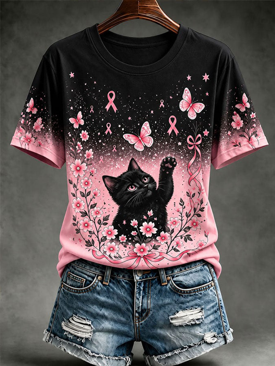 Kvinnors bröstcancer medvetenhet Cat Print Casual T-shirt