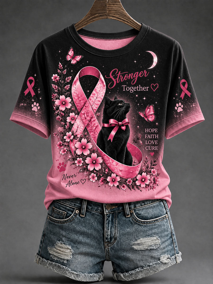 Kvinnlig t-shirt med katttryck för bröstcancermedvetande, avslappnad stil
