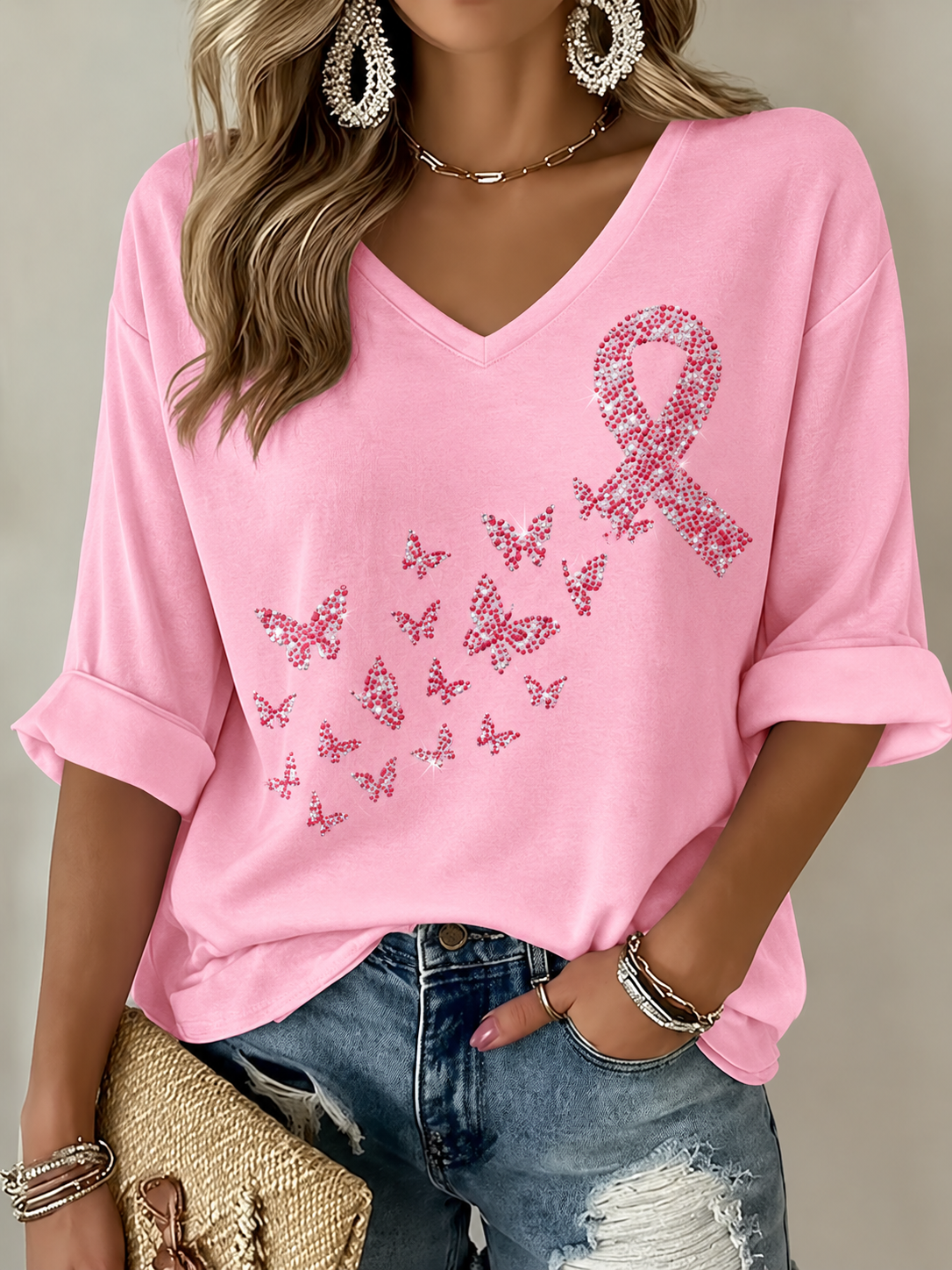 Dammens bröstcancer T-shirt med halvlånga ärmar och V-ringning