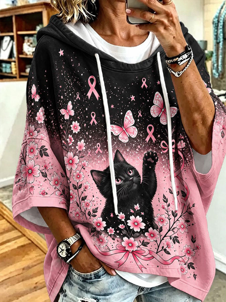 Kvinnors bröstcancer medvetenhet Katt Skriv ut Casual Hoodie.
