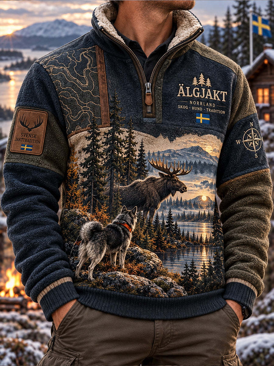 Mäns svenska Moose-Print Fleece-foed Half-Zip Sweatshirt