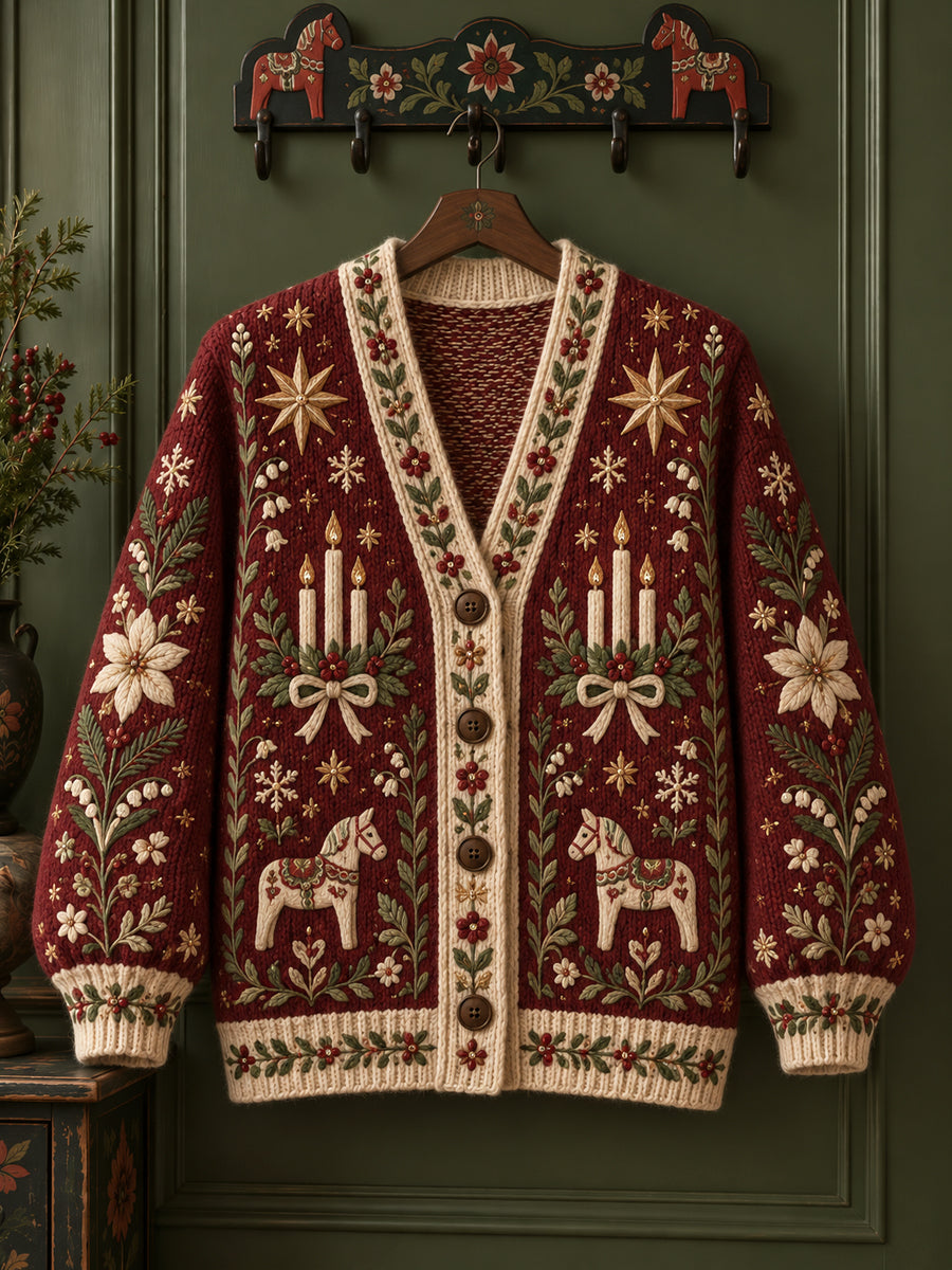 Kvinnors Vintage Lucia Festival ljuslys Dala Horse V-Hack Cardigan