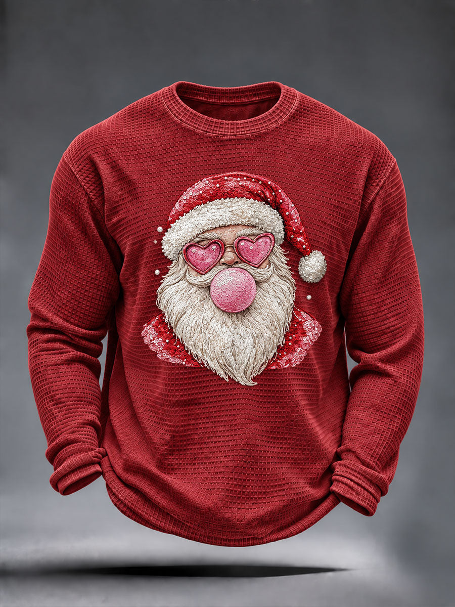 Mäns jul Santa Print Våffle Lång ärm T-shirt