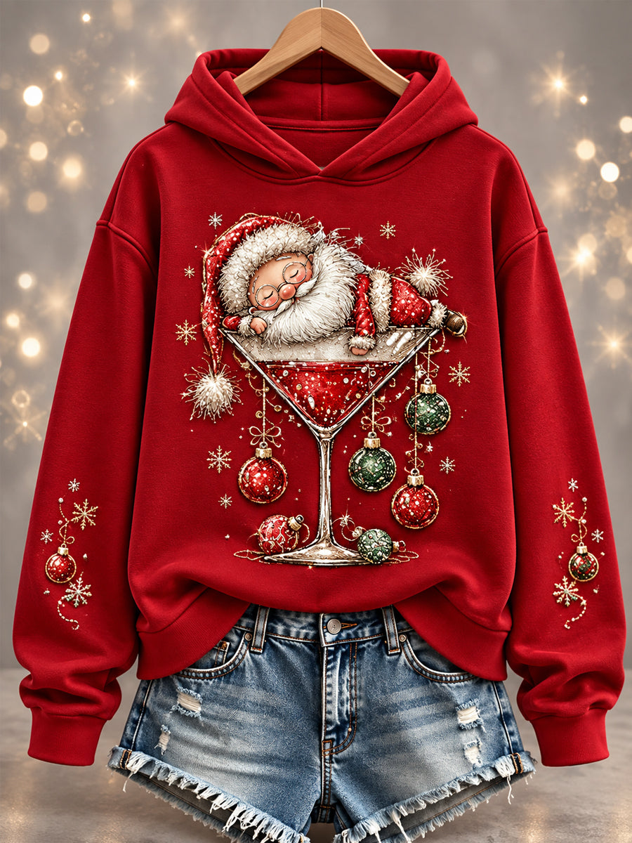 Damernas jultema, tomte- och vinglas-motiv, avslappnad hoodie