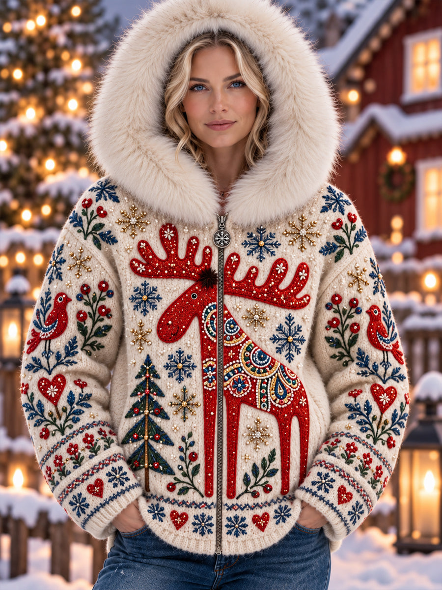 Kvinnors Julmys Winter Fair Isle Hooded rock med pälskrager
