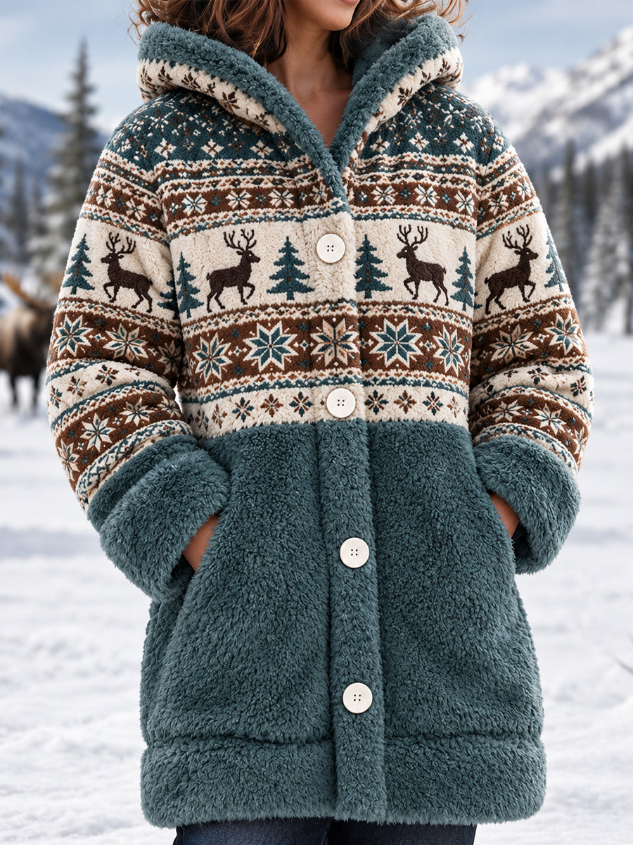 Kvinnor vinter älg Print Casual Flannel Huvad rocka