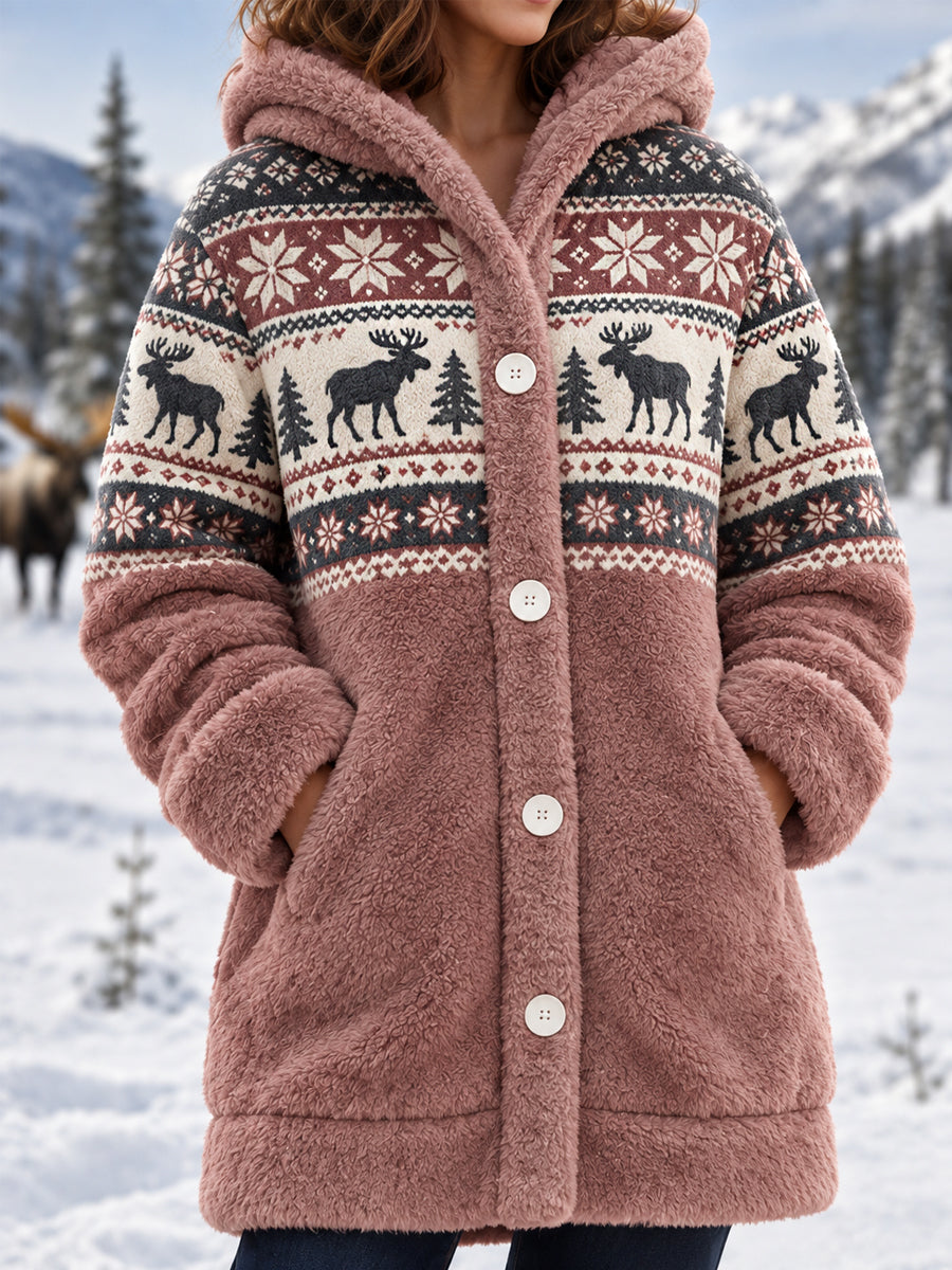 Kvinnor vinter Moose Print Casual Flannel Huvad rocka