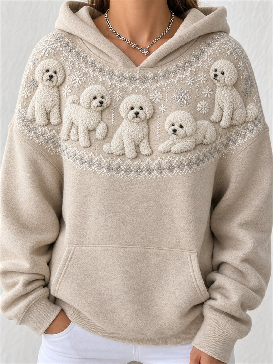 Damens vintage Bichon-hundar Yoke Isle-mönstertryckt mysig hoodie