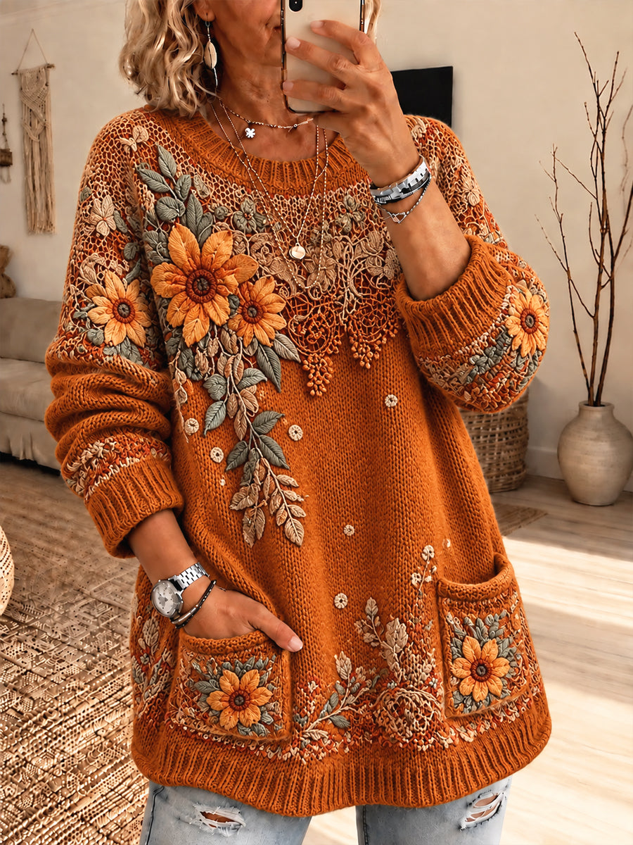 Kvinnors Retro Konstnärliga Floral Patchwork Crew-hals pullover
