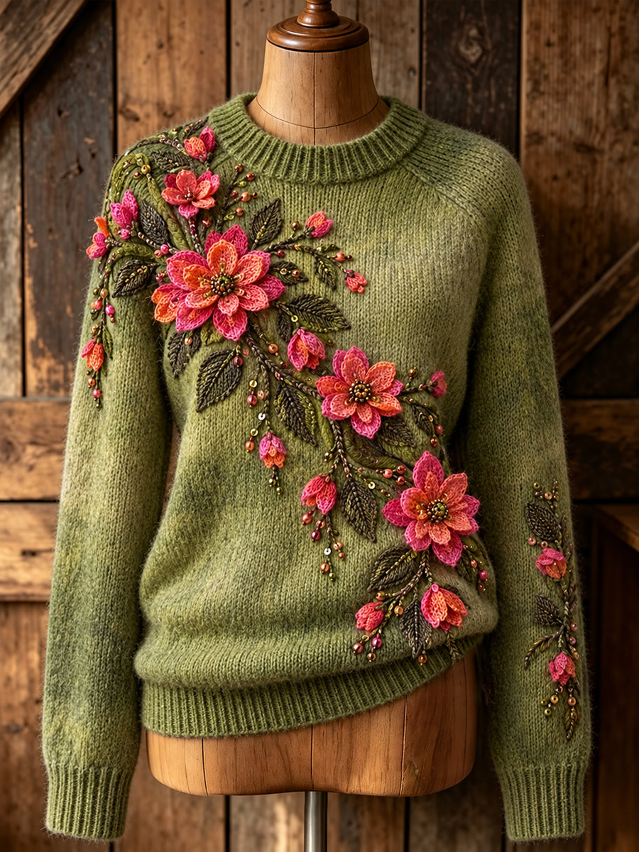 Kvinnors Vintage Konstnärliga blomsterbesättning-hals pullover