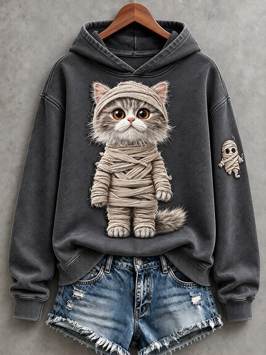 Kvinnors vintage Halloween mummy katt utskrift Mysigt Hoodie.