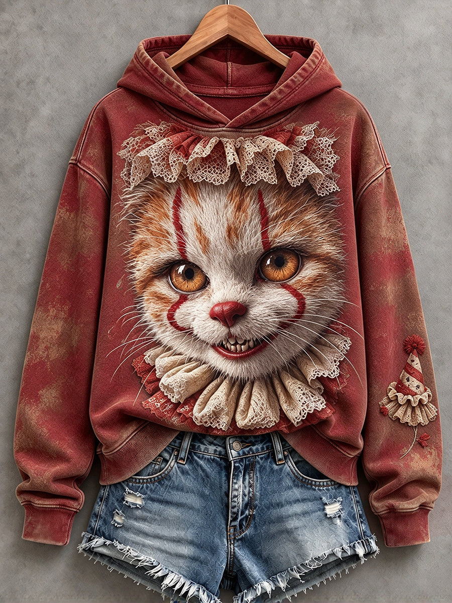 Kvinnors Vintage Halloween clown katt Skriv ut mysig Hoodie.