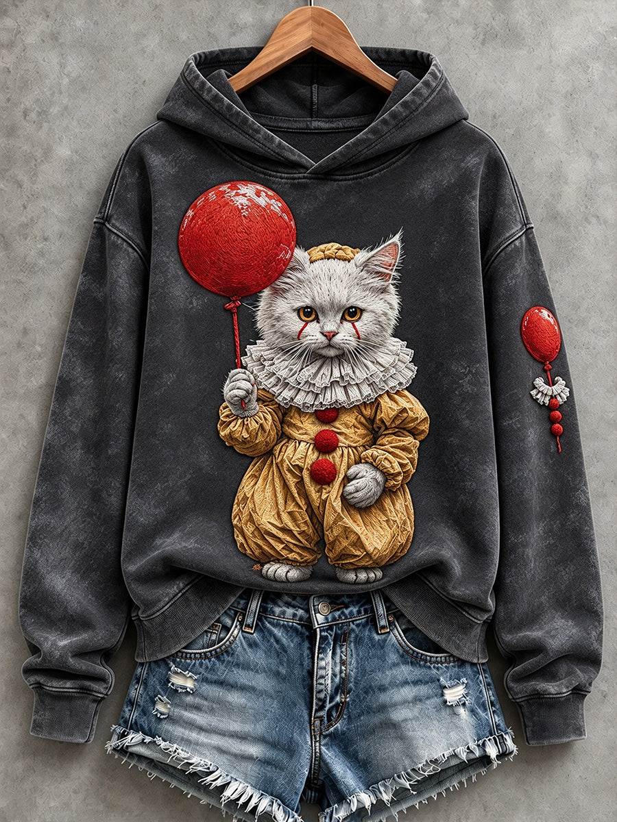 Damtröja i vintagestil med Halloween-motiv – clown och katt, mysig hoodie