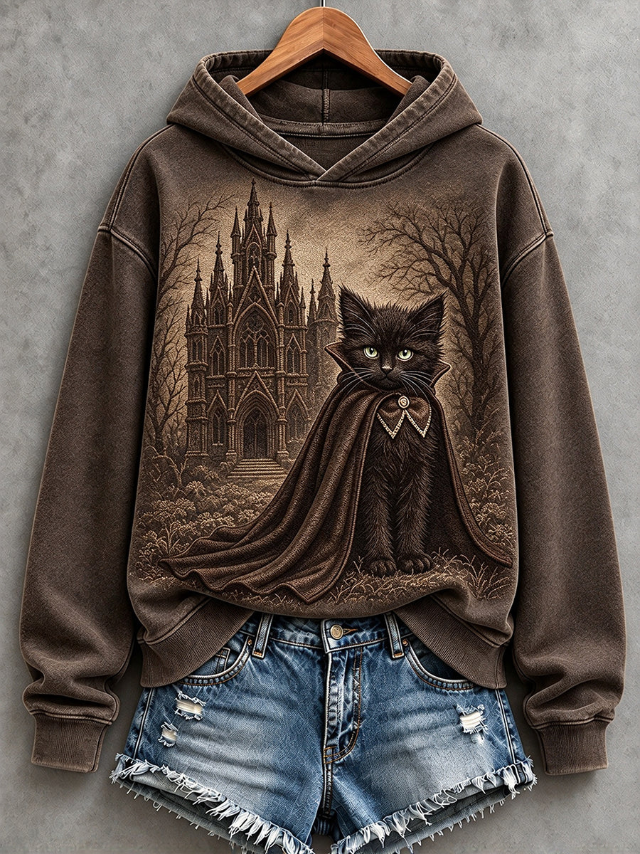 Kvinnors Vintage Halloween katt Skriv ut Mysig Hoodie.