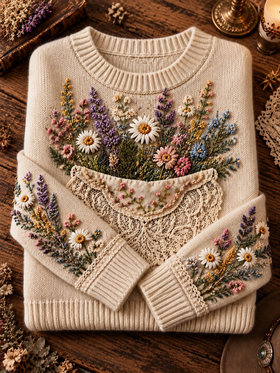 Kvinnors Retro Konstnärliga Pastoral Blomsterbesättning-hals pulloverna