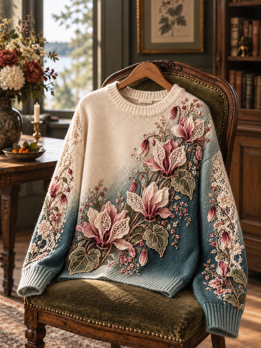 Kvinnors Retro Floral Patchwork Gradient Round-Hack Pullovere