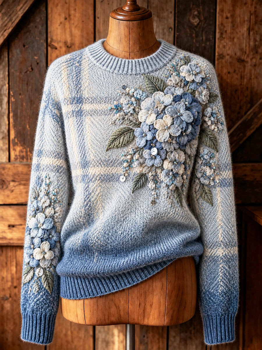 Kvinnors Retro Floral Runkade gradient Konstnärlig besättning-hals pulloverna