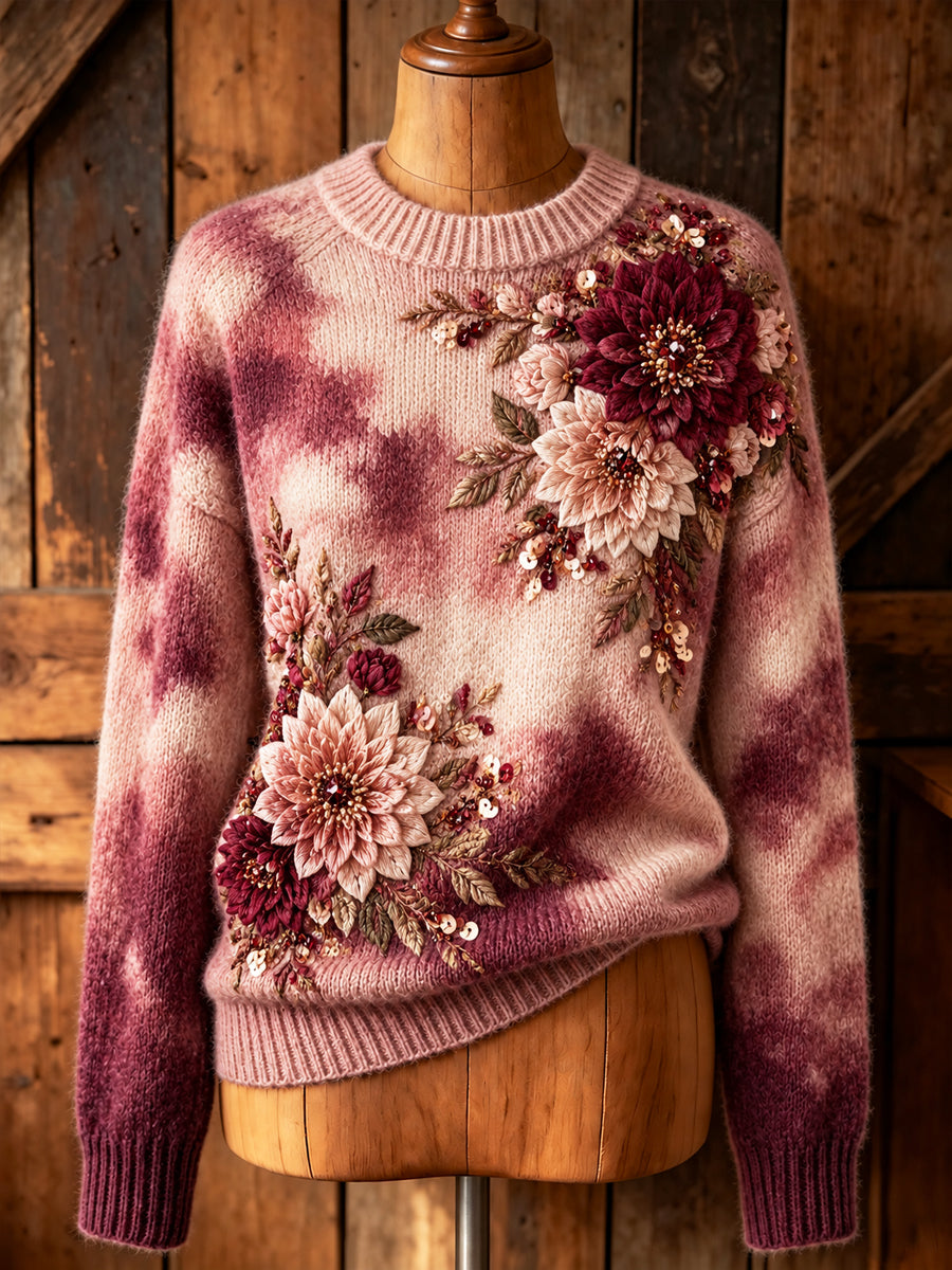 Kvinnors Retro Floral Tie-Dye Konstnärliga rund hals pullover