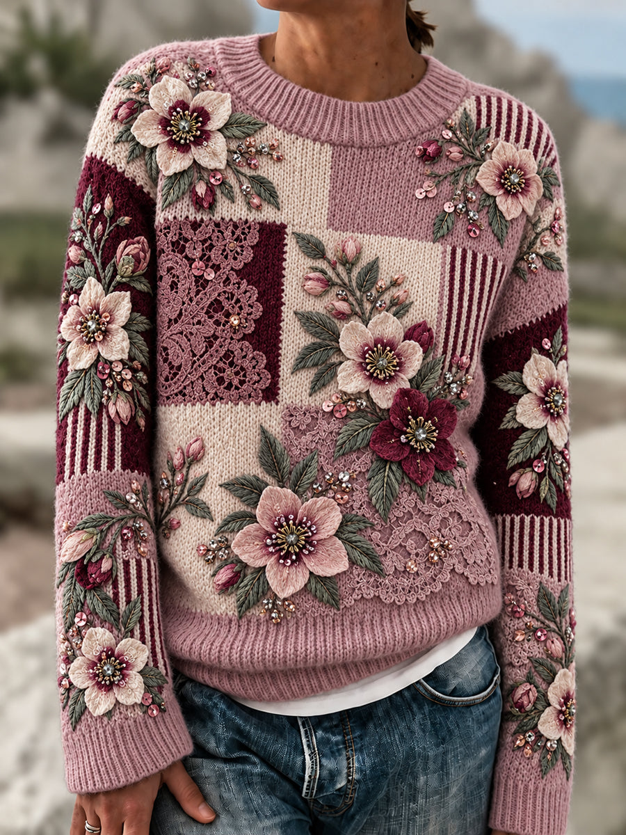 Kvinnors Retro blomster spets-Print Patchwork besättning-hals pullover