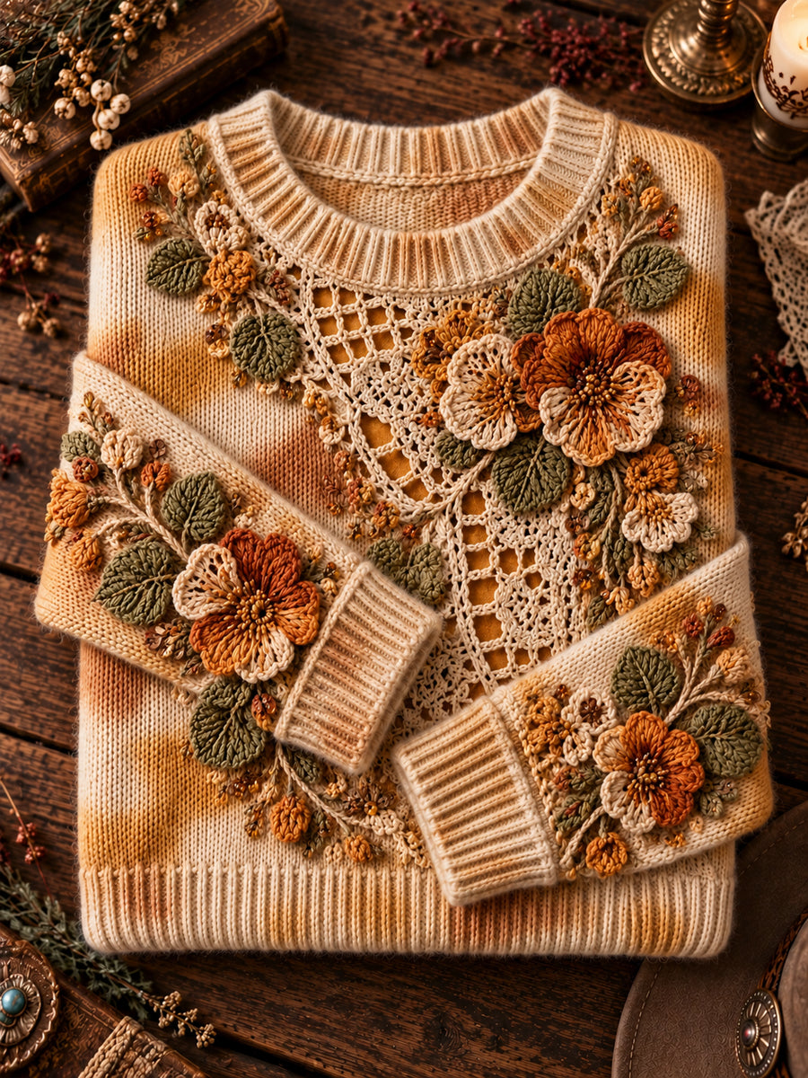 Kvinnors Vintage Konstnärliga blomster spets-Print besättning-hals pullover