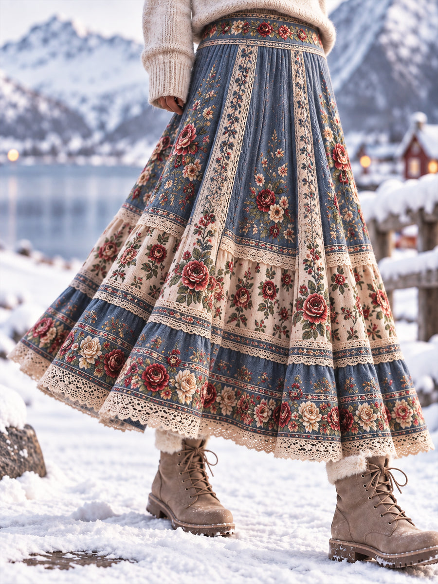 Kvinnors Retro Konstnärliga blomster spets-Print A-Line skirt