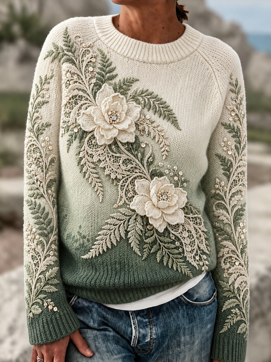 Kvinnor Retro blomster gradient konst rund hals pullovere