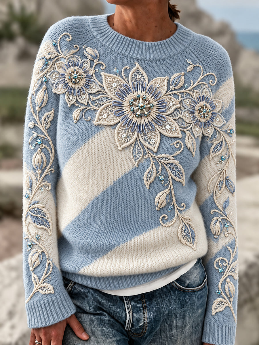 Kvinnors Retro Floral-Striped Patchwork Crew-hals pullover
