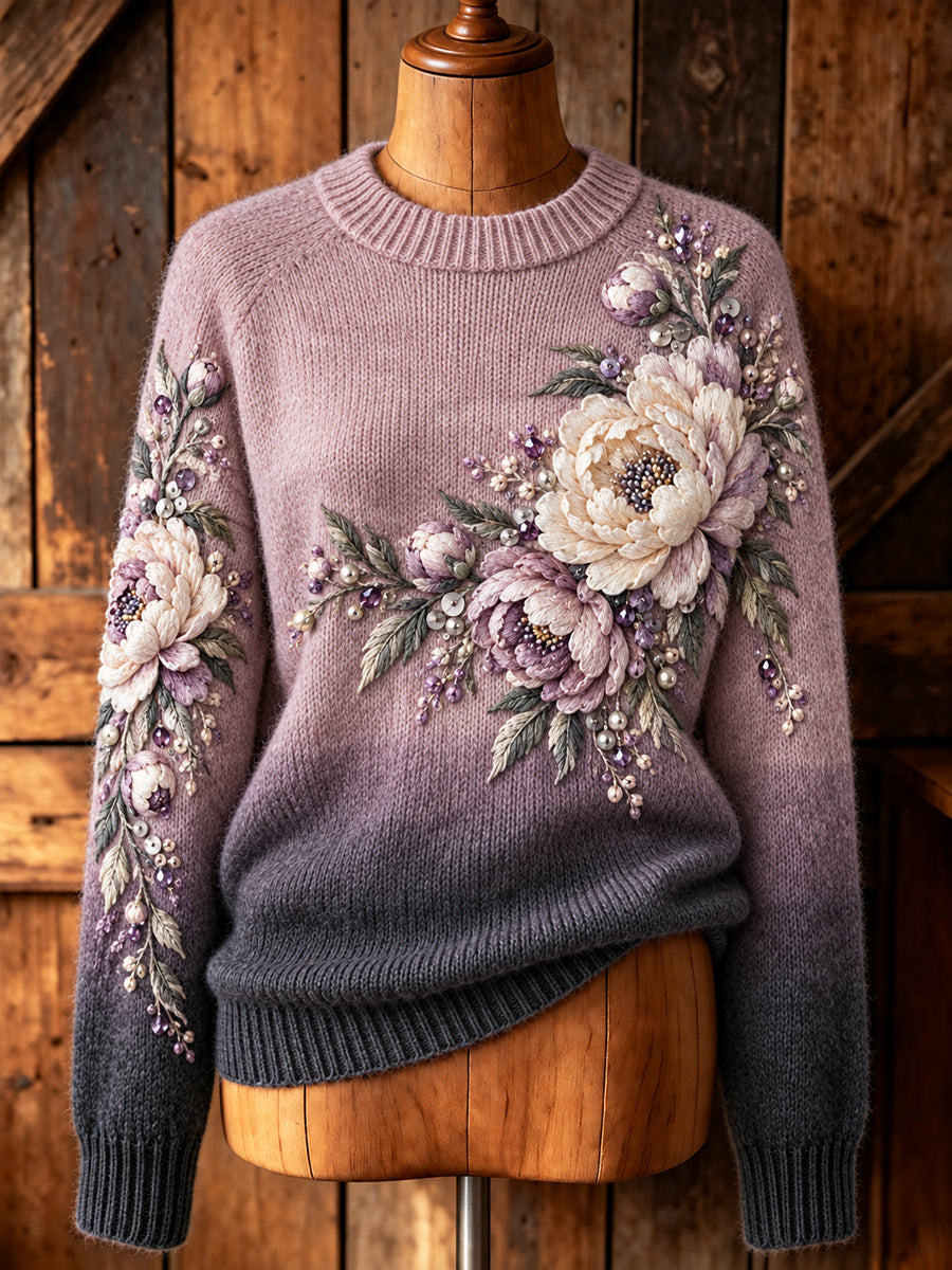 Kvinnors Retro Floral Gradient Konstnärliga besättning-hals pullover