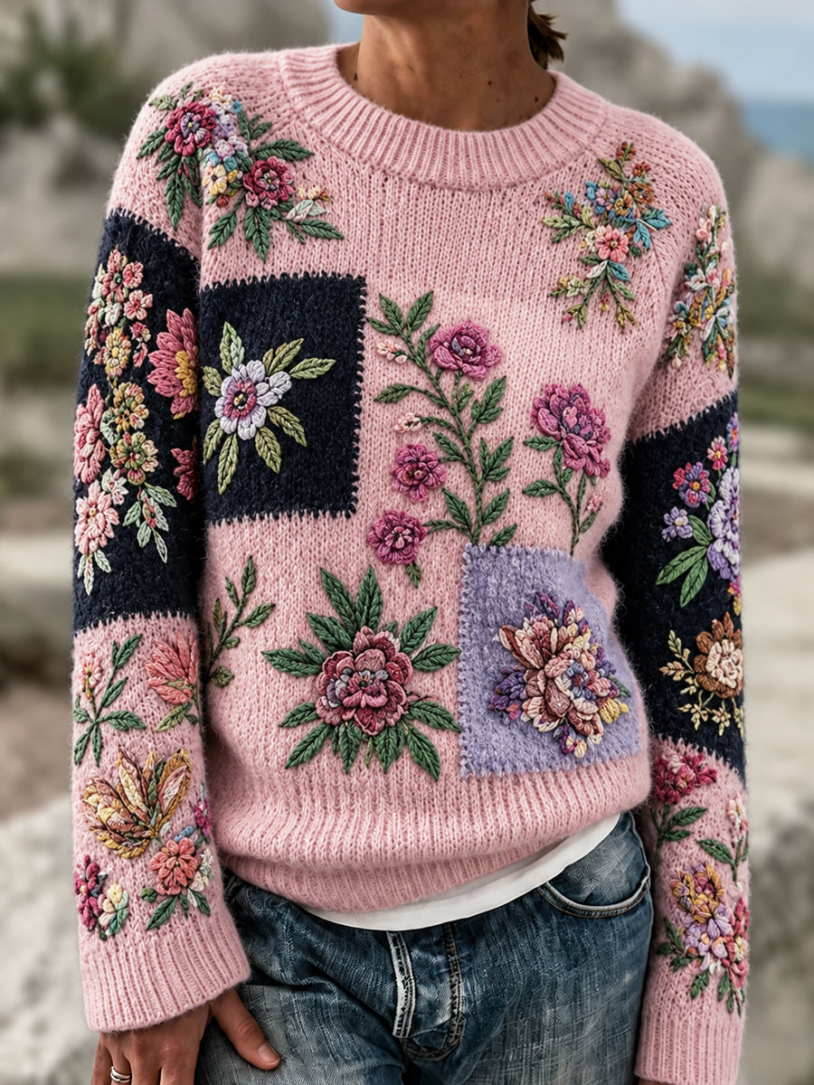 Kvinnors Retro Floral Patchwork Crew-hals pullover