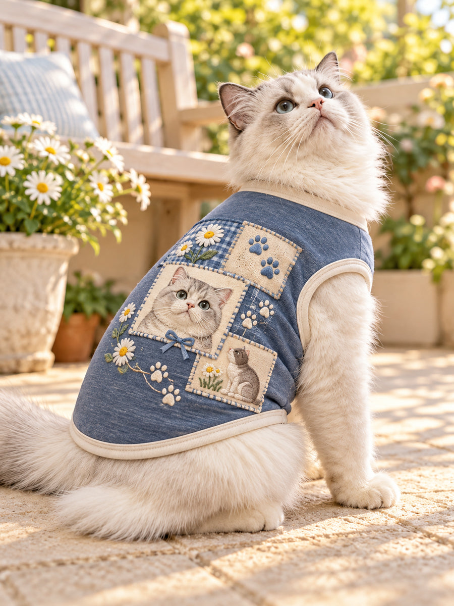 Söta djur och blommiga lappverk katt ärmlösa tank Topp