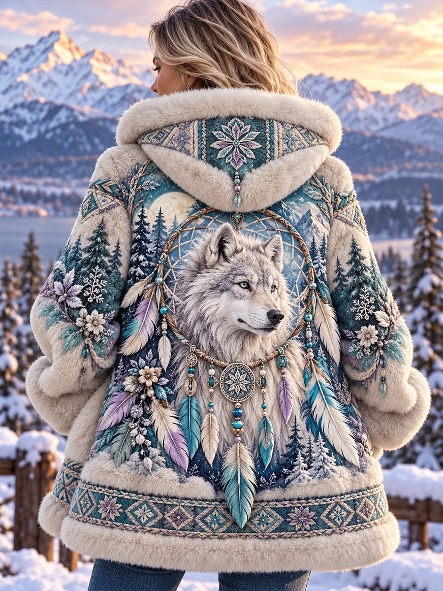 Kvinnors nordiska-stil djur Skriv ut Flannel Hooded Jacka