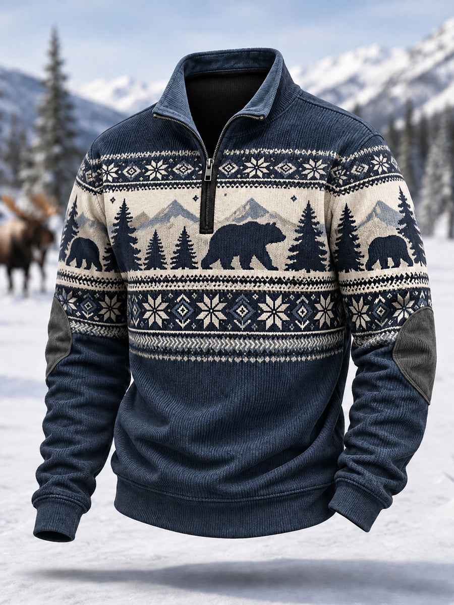 Herrens vinterbjörn Print Casual blixtlås Corduroy Pullover